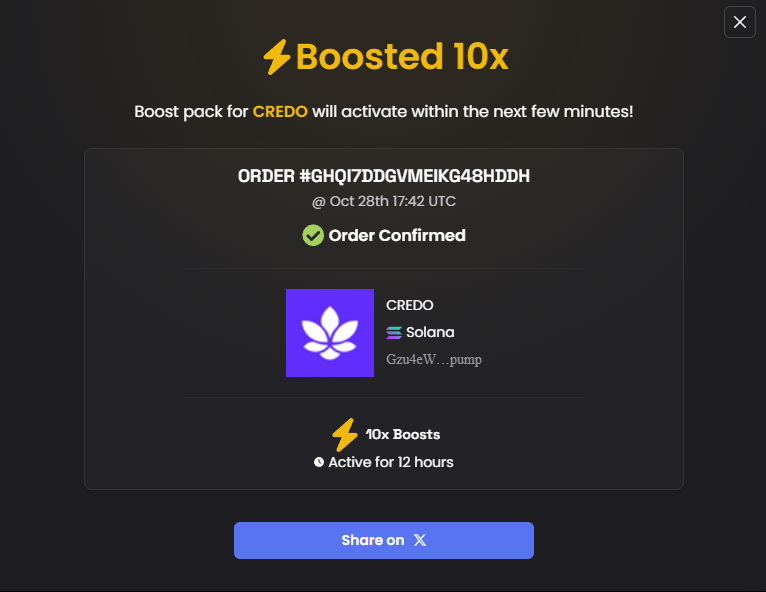 CredoLaunchpad's tweet photo. We bought a 10x boost for $CREDO.

It's active for the next 12 hours. https://t.co/8xFXZr1LZU