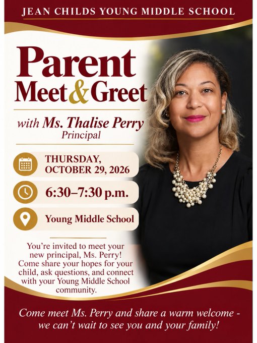 apsyoungms's tweet photo. 🏫 Parent Meet &amp; Greet with Principal Thalise Perry!
 Thu, Oct 29, 2026 | Young Middle School 
Meet Ms. Perry, ask questions, and connect with our school community!    #AtlantaSchools https://t.co/WfSzhkwnxR