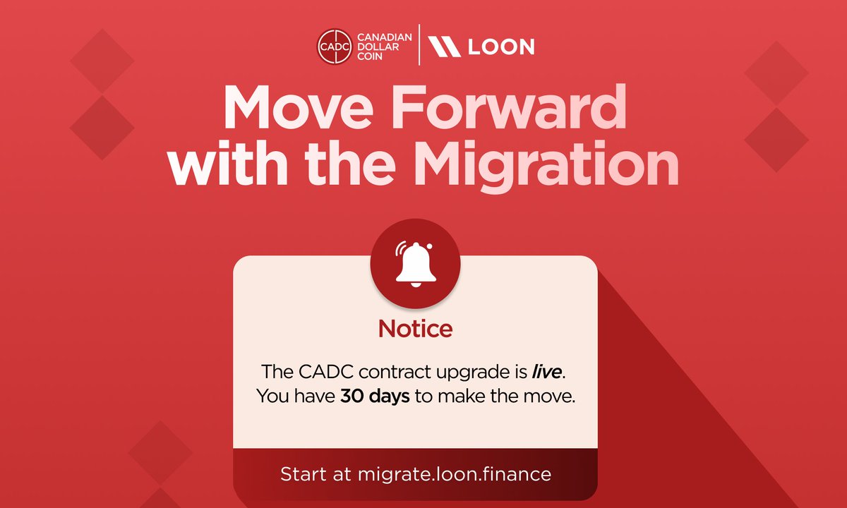 CADCstablecoin's tweet photo. If you held CADC before October 22, 2026, you are holding legacy CADC and it needs to be migrated to upgraded CADC.

1-to-1. No fees from Loon, but network gas applies.

Deadline: November 26, 2026.

🔴Read the full migration blog here  https://t.co/GIoHeZIw0U

Users can head to https://t.co/I5BGYmmuRH today