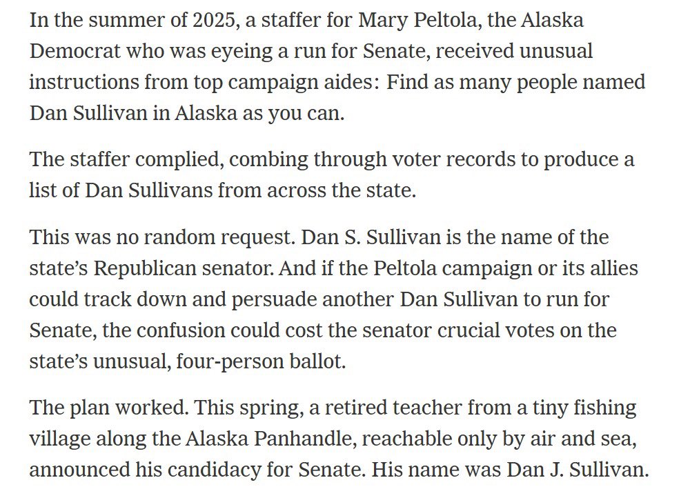 tedcruz's tweet photo. Unbelievable. Even the New York Times is reporting this.

Mary Peltola's team combed Alaska's voter rolls for every man named Dan Sullivan, then recruited one to run to confuse voters. Senior Democratic Senate campaign officials in Washington were in on it.

Two terms in Congress. Zero bills signed into law. But she found time to hunt down every Dan Sullivan in Alaska.

Control of the Senate goes through Alaska. Let's elect the REAL Dan Sullivan.