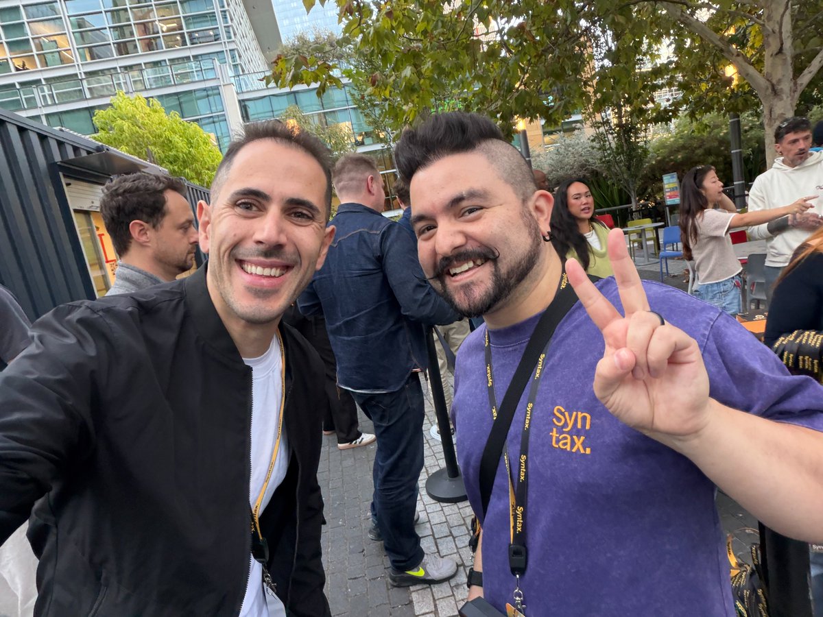 mahdif's tweet photo. Been listening to @syntaxfm since the early days, and last night I finally got to meet @wesbos, @stolinski and @CodingGarden in person. Every episode feels like hanging out with friends, and turns out they're just as great IRL ✌️ https://t.co/XhMBAGllk4