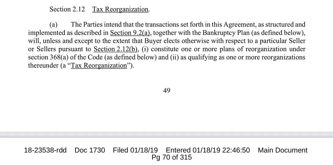 SearsReloaded's tweet photo. The Sears Chapter 11 Plan effective date was Oct 29th 2022.

This was for the Liquidation Plan of the shell, as part of a Reorganisation Plan where stock of the acquiring company must be distributed to OldCo shareholders.

Sears Docket defines the BK as a 368(a) dual plan reorg. https://t.co/92ceBYvlxo