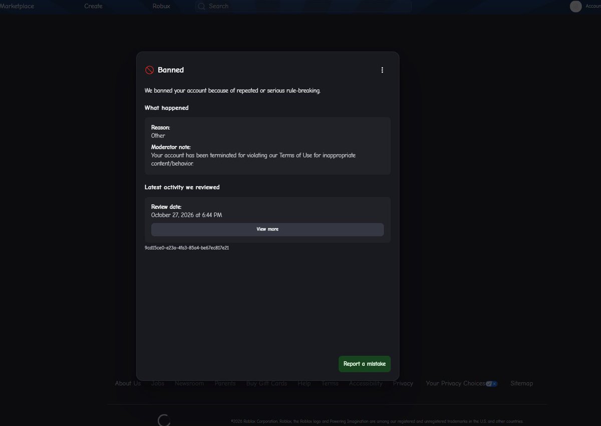 iiElixeriii's tweet photo. Can we bring more attention to this? I and many others have been suddenly terminated from Roblox with ZERO warning with ZERO reason given, I had not played or chatted at all yesterday and was banned when I logged back on, checked my email, not a THING mentioned. https://t.co/sWJRWJC43x
