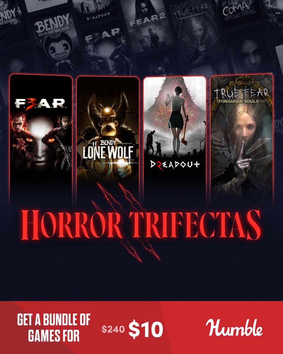 humble's tweet photo. Feel the shiver down your spine when you jump into terrifying trilogies with the Horror Trifectas bundle and games like:

- F.E.A.R. 3
- Bendy: Lone Wolf
- DreadOut 2
- and more! Supports @gamersoutreach | https://t.co/W2j6GadFql https://t.co/5tNwywP3aV
