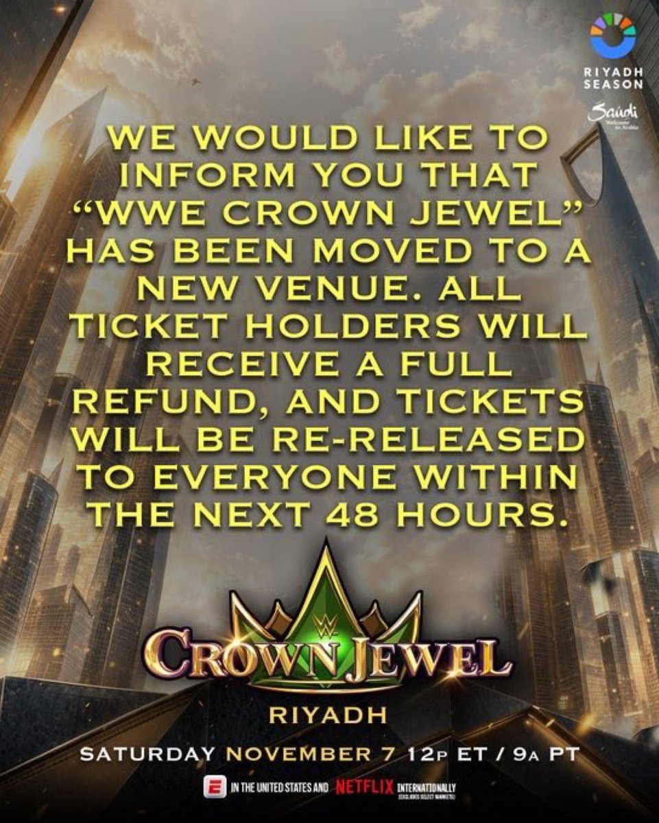 WrestleOps's tweet photo. Crown Jewel 2026 is officially being moved to a new venue as announced by Riyadh Season.

PWlnsider reports the event is still being held in Riyadh but in another location within the city. https://t.co/pbyqHOEaAn