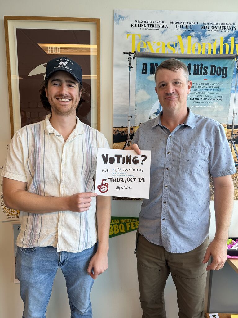 TexasMonthly's tweet photo. Join us Thursday at 12 pm CT on Reddit (r/texas) with any questions you might have about the midterms.

Your questions will be fielded by news and politics editors @ben_c_rowen and @AllegraEHobbs, and writers @Forrest4Trees, @RobertDownen_, and @cd_hooks. https://t.co/Y052bpgSax https://t.co/auEBY3ab9d