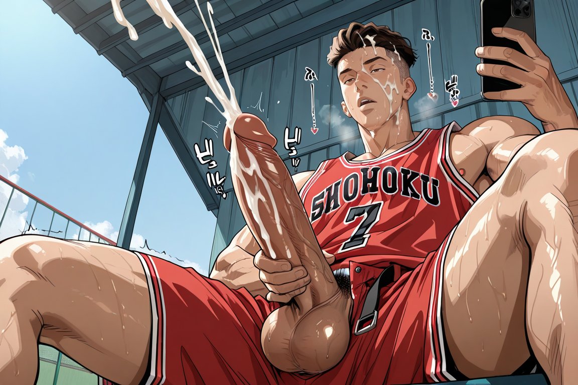 kingichiart's tweet photo. 【Dick selfie-Miyagi Ryota 2】  
Even after games and trainings,Miyagi still entertains his bros....  #MiyagiRyota #AIart️ #art #NSFW #yaoicum #SlamDunk https://t.co/cSPUvBugIS