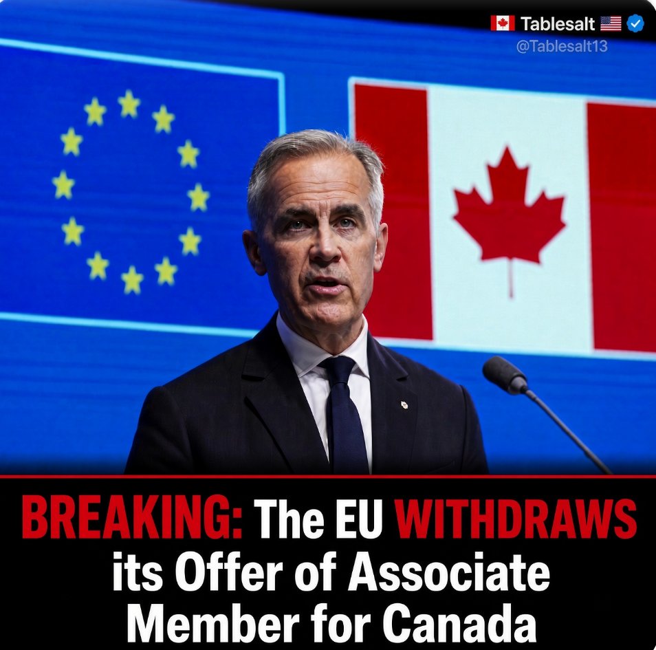 Tablesalt13's tweet photo. ‼️MAJOR BREAKING: Carney's entire plan has collapsed. 

First, the EU is preparing carbon tariffs that will hit Canadian exports hard, adding costs to steel, aluminum, cement and other goods as Brussels pushes its climate agenda onto trading partners. 

Now comes a second blow: the EU has withdrawn its offer of associate member status for Canada, per sources to CBC. 

EU members were not on board. 

Carney's entire plan has COLLAPSED.
