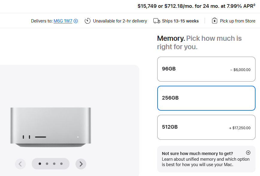 GPTWare's tweet photo. At this cost to upgrade, why would anyone buy a 512GB M5 Ultra instead of 2 @ 256GB ??? You get 2 full processors and get an approx. 1.8 speedup with TP=2 double everything. That upgrade price is insane. https://t.co/091UgDHBeo