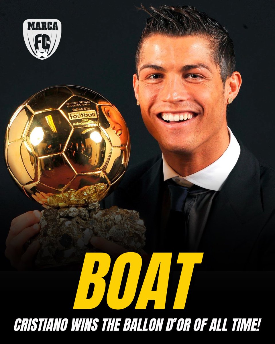MARCAinENGLISH's tweet photo. 🚨 BREAKING: CRISTIANO WINS THE BALLON D’OR OF ALL TIME! 🏆

The Portuguese star’s 2008 Ballon d’Or was officially voted the best by fans, beating Messi’s 2012 edition to the top spot and crowning CR7! 😱🇵🇹

#CristianoRonaldo #CR7 #Messi #BallonDor #Football https://t.co/ogkL8lQUiD