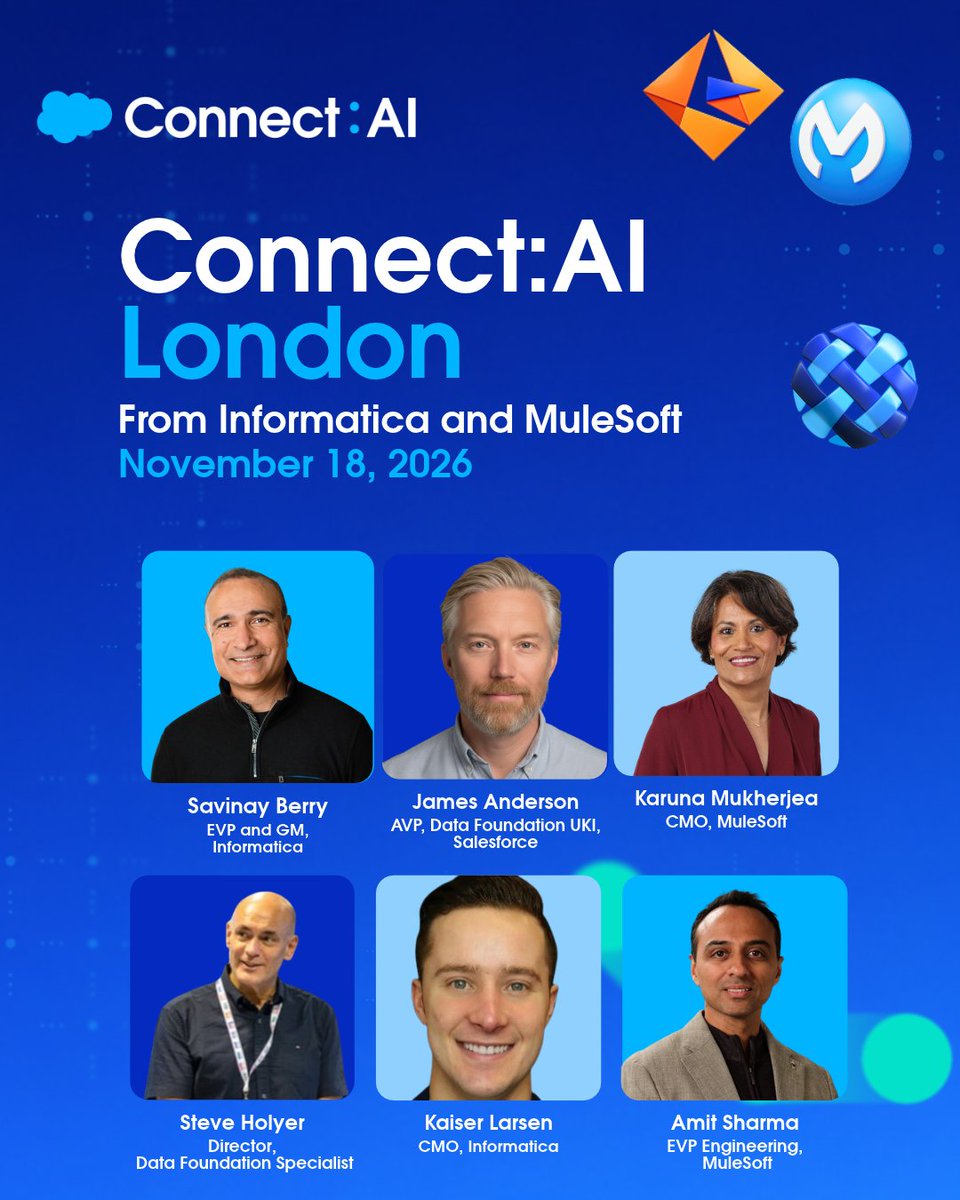 MuleSoft's tweet photo. 💂 London town, let’s get AI connected.

Join Informatica and MuleSoft at Connect London on November 18 to explore how trusted data, connected systems, and governance can help move enterprise AI from pilots to action. Save your spot: https://t.co/a9gShCgz1y https://t.co/aPF9noh1sd