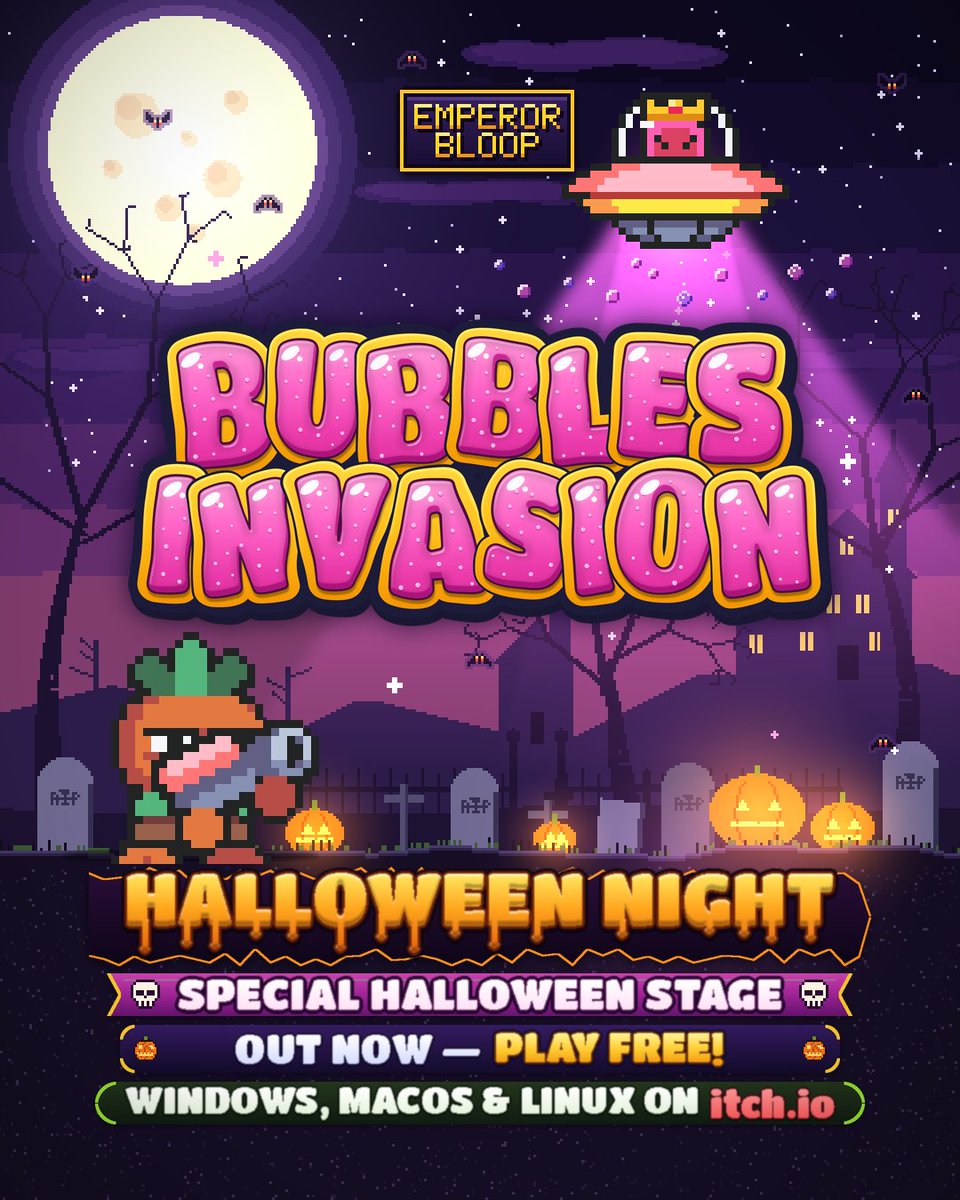 gsdinteractive's tweet photo. 🎃 Halloween Night in Bubbles Invasion is OUT NOW — play FREE!
Emperor Bloop's UFO is over the graveyard, and Pip has one harpoon to stop it. Solo or 2P co-op on Windows, macOS & Linux:
https://t.co/dBFASH2elL
#BubblesInvasion #retrogaming https://t.co/fRhab32IGW