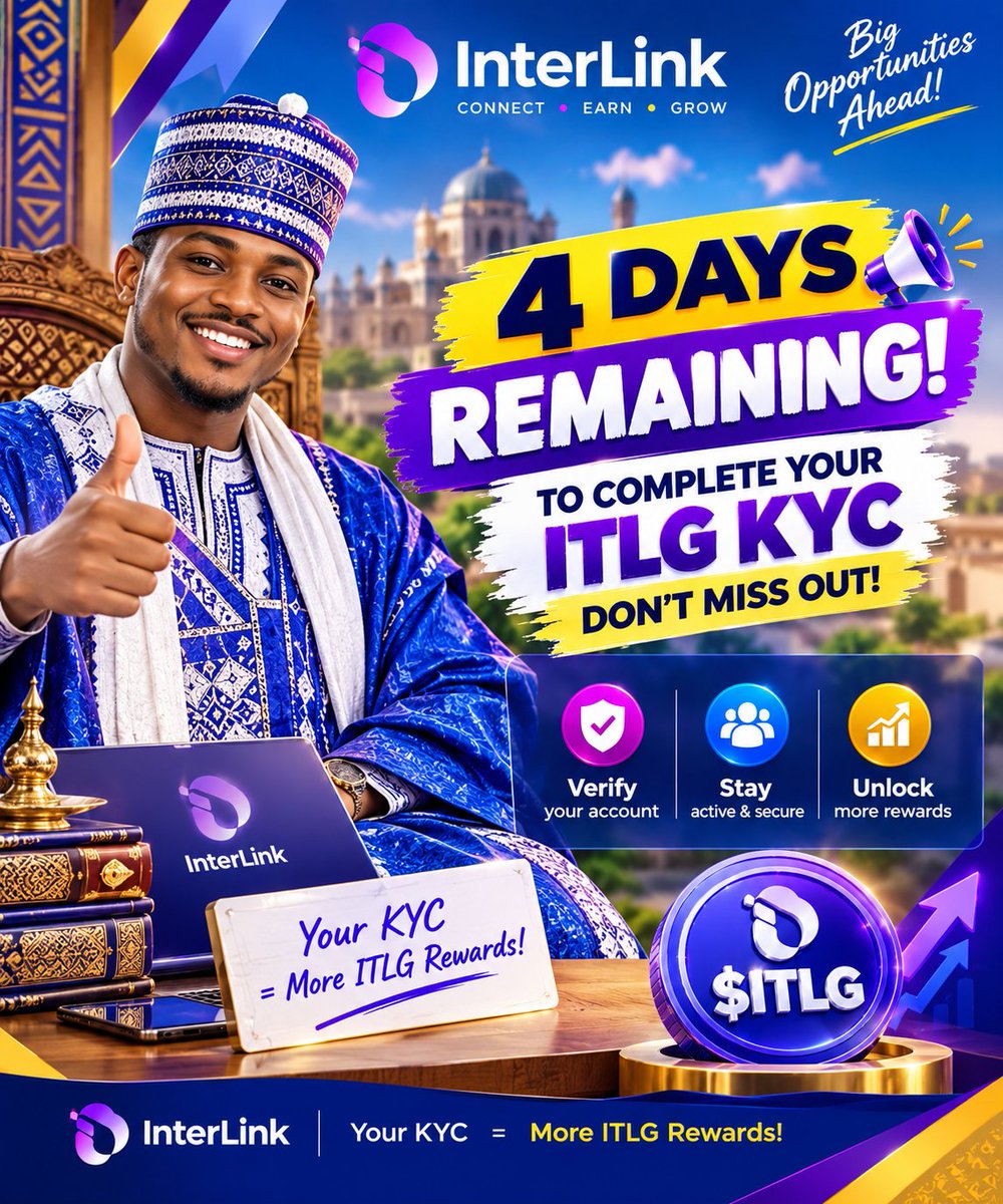 yarima619's tweet photo. ⏳🚀 Just 4 days left to complete your ITLG KYC! 💜 Don’t miss out on this important step. Verify your account, stay active, and get ready for more opportunities in the InterLink ecosystem. Together, we’re building a stronger digital community! 🌐🔥

#InterLink #ITLG #ITL https://t.co/0mONyOCENd
