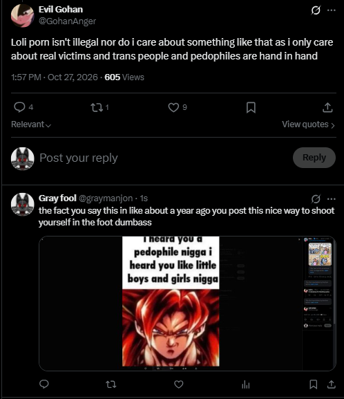 graymanjon's tweet photo. @Swag_K1RBY and when I made a video about exposing kiwiFarms to the lies

an actual fucking lolicon trying to prove it's not true

and this fucker is still in my comments defending his ass off because apparently his hate for Trans people transcends an actual pedophile
https://t.co/pOeeN7OpsY https://t.co/RFdG7o9NGy
