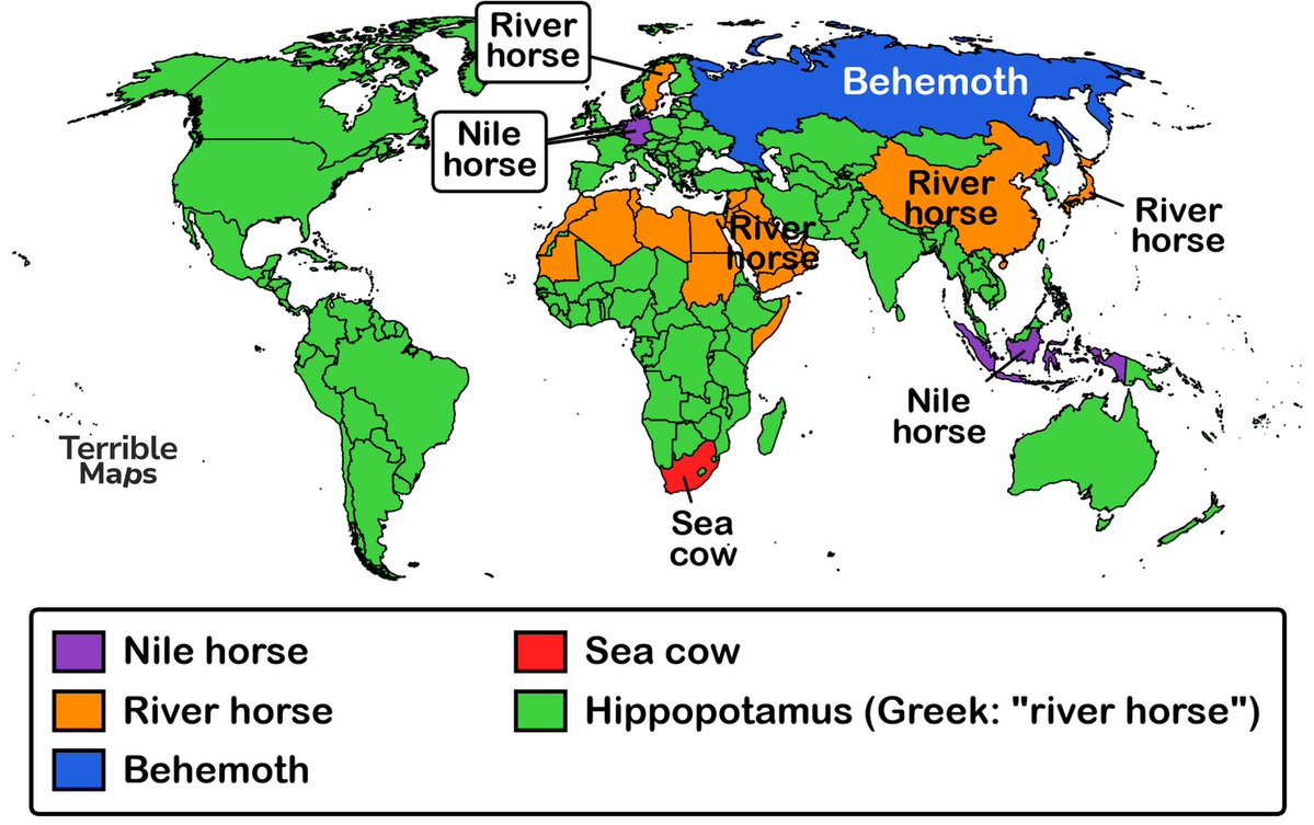 TerribleMaps's tweet photo. What each country calls a hippo, translated literally https://t.co/Wv7ayLNJMZ