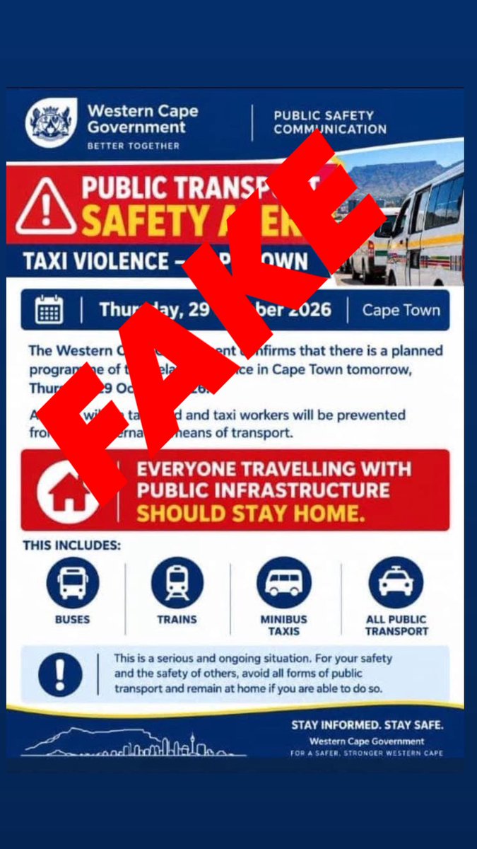 IsaacSileku's tweet photo. 🚨 FAKE NOTICE!

The circulating notice about a public transport shutdown in Cape Town on 29 October 2026 is false and misleading.

Do not spread misinformation that causes unnecessary panic and confusion. Verify information through official channels before sharing. Stop the spread of fake news!