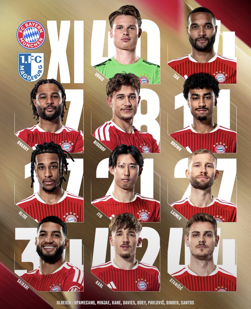 BayernLuxNews's tweet photo. 🚨 Aufstellung gegen Magdeburg 🔴⚪

🧤 Urbig
 🛡️ Stanišić – Tah – Ito – Brown
 ⚙️ Laimer – Bischof
 🎯 Olise – Karl – Gnabry
 ⚽ Saibari

🔄 Bank: Ulreich, Upamecano, Kim, Kane, Davies, Boey, Pavlović, Binder, Santos

#FCBayern #MiaSanMia #FCMFCB #DFBPokal https://t.co/YJH0hPgJh0
