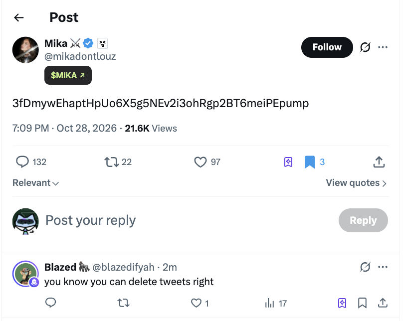 FabianoSolana's tweet photo. Ouhhhh man I'm tired

@mikadontlouz "accidentally" posted her private key and "lost $40K"

(was fake.. she put a nonce on the wallet before posting it)

She then posted a CA

- 400k spawner
- dev holds 50%
- awful bubblemaps https://t.co/TSsTj8LdFC