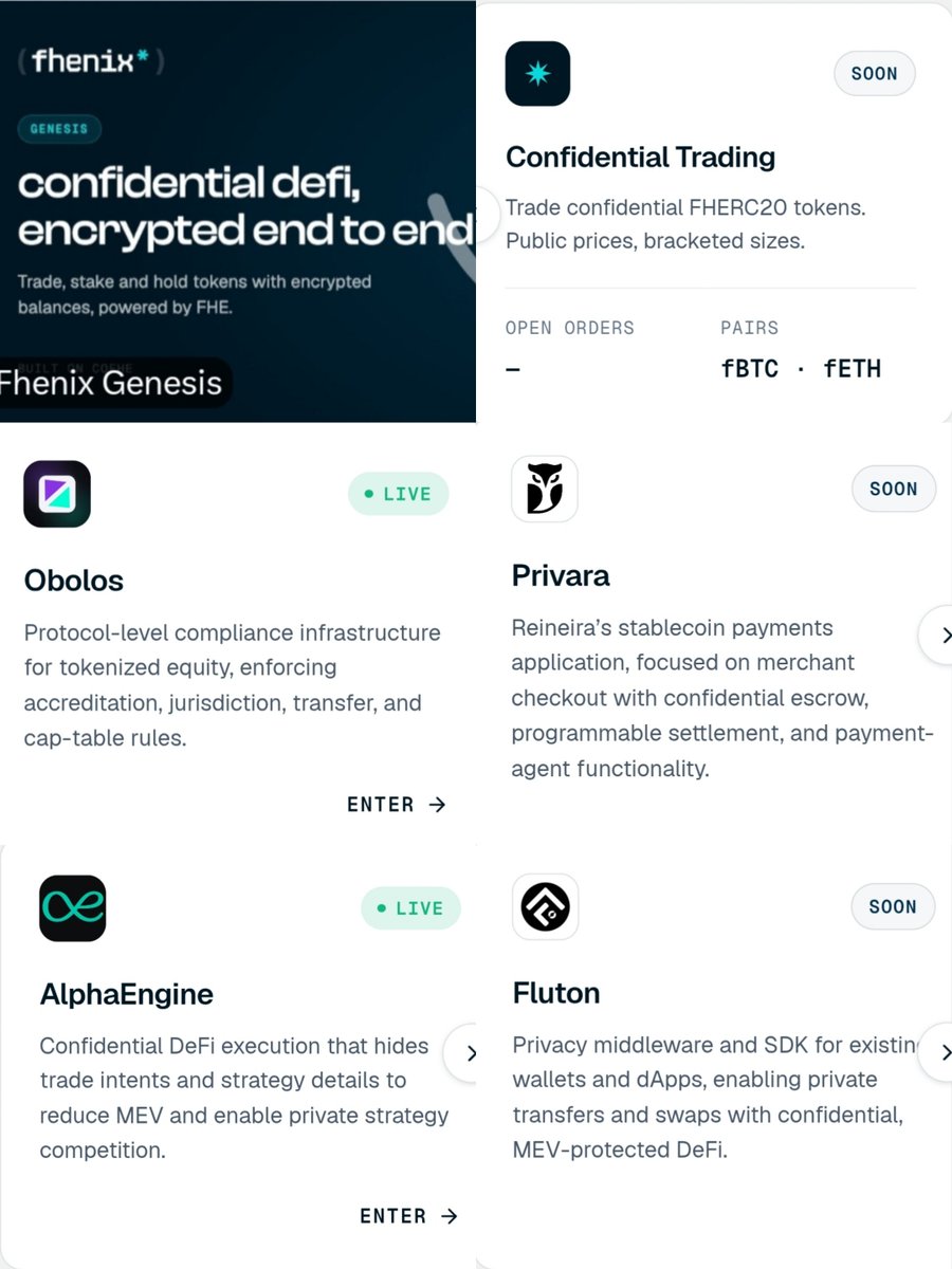 oxfathema's tweet photo. Privacy is no longer just a feature in DeFi. It’s becoming essential infrastructure. And @fhenix is building an ecosystem around that idea.

Look at what’s taking shape 👇

🔹 Genesis: Confidential assets and encrypted balances powered by FHE.

🔹 AlphaEngine: Private trading strategies designed to reduce MEV exposure.

🔹 Obolos: Compliance infrastructure for tokenized equities.

🔹 Fluton: Privacy middleware enabling confidential transfers and swaps.

🔹 Privara: Confidential escrow and programmable merchant payments.

🔹 Confidential Trading: A planned trading experience for confidential FHERC20 tokens.

Different applications. One shared foundation: programmable privacy.

What makes this vision interesting is that Fhenix isn’t simply bringing encryption to blockchain. It’s enabling developers to build applications where sensitive information can remain confidential while onchain functionality stays useful.

Think private trading, confidential assets, compliant tokenization, and more discreet payments.

That’s where Fully Homomorphic Encryption (FHE) becomes powerful: computation can happen on encrypted data without first revealing the underlying information.

The bigger opportunity for @fhenix is turning privacy from a limitation into an entirely new design space for Web3.

The technology is one piece. The ecosystem built on top of it is where the possibilities expand. 
@0xkeksgiven @Asterix54907294 @deivonchain