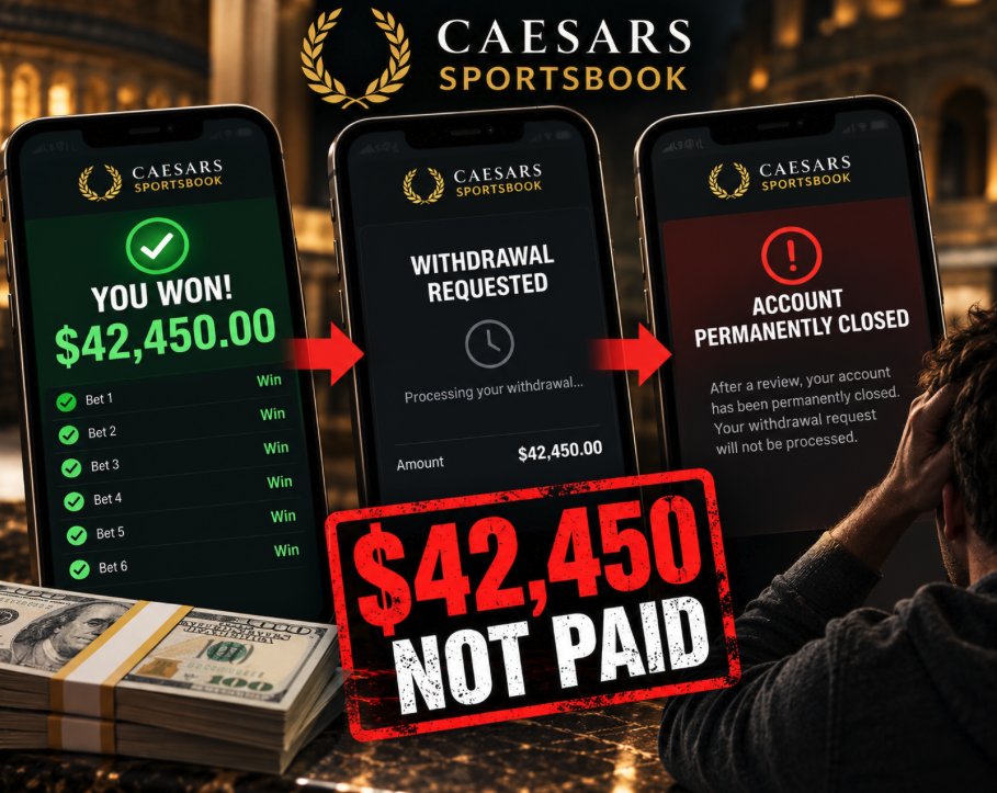 CasinosTracker's tweet photo. A Caesars Sportsbook customer says six bets he never placed wiped out $42,450.

He reported suspected fraud. Caesars allegedly rejected his claim and permanently closed his account.

That's a pretty expensive way to find out a sportsbook disagrees with you. https://t.co/1oq9noCZsk