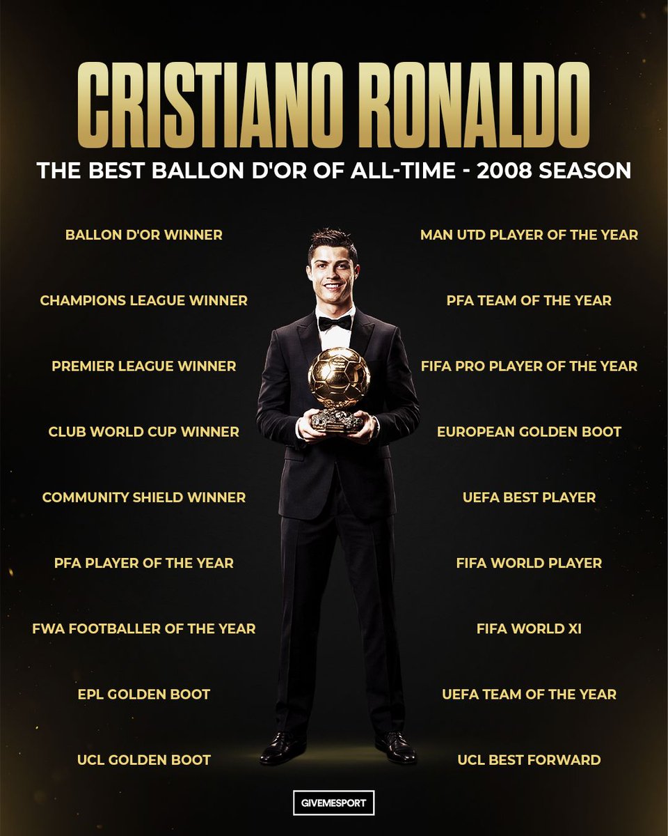 GiveMeSport's tweet photo. Cristiano Ronaldo's 2008 season will never be matched 🏆

Now officially the greatest season of all-time 🐐🔥 https://t.co/O3zJn98MCr