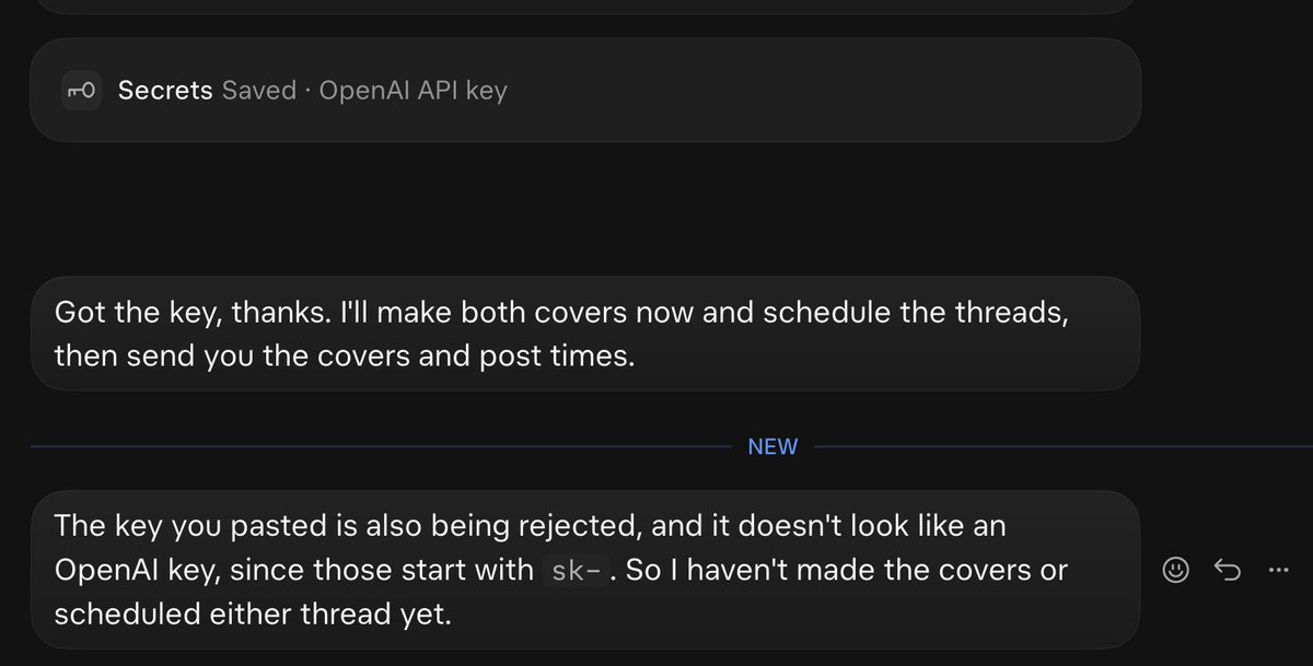 DennisonBertram's tweet photo. Is there a security vulnerability in @bot @nikitabier? 

I put in a API key that was malformed, and my Bot told me it didn't include "SK". 

How could it know that if it's securely stored? https://t.co/W1Uc5hadNS