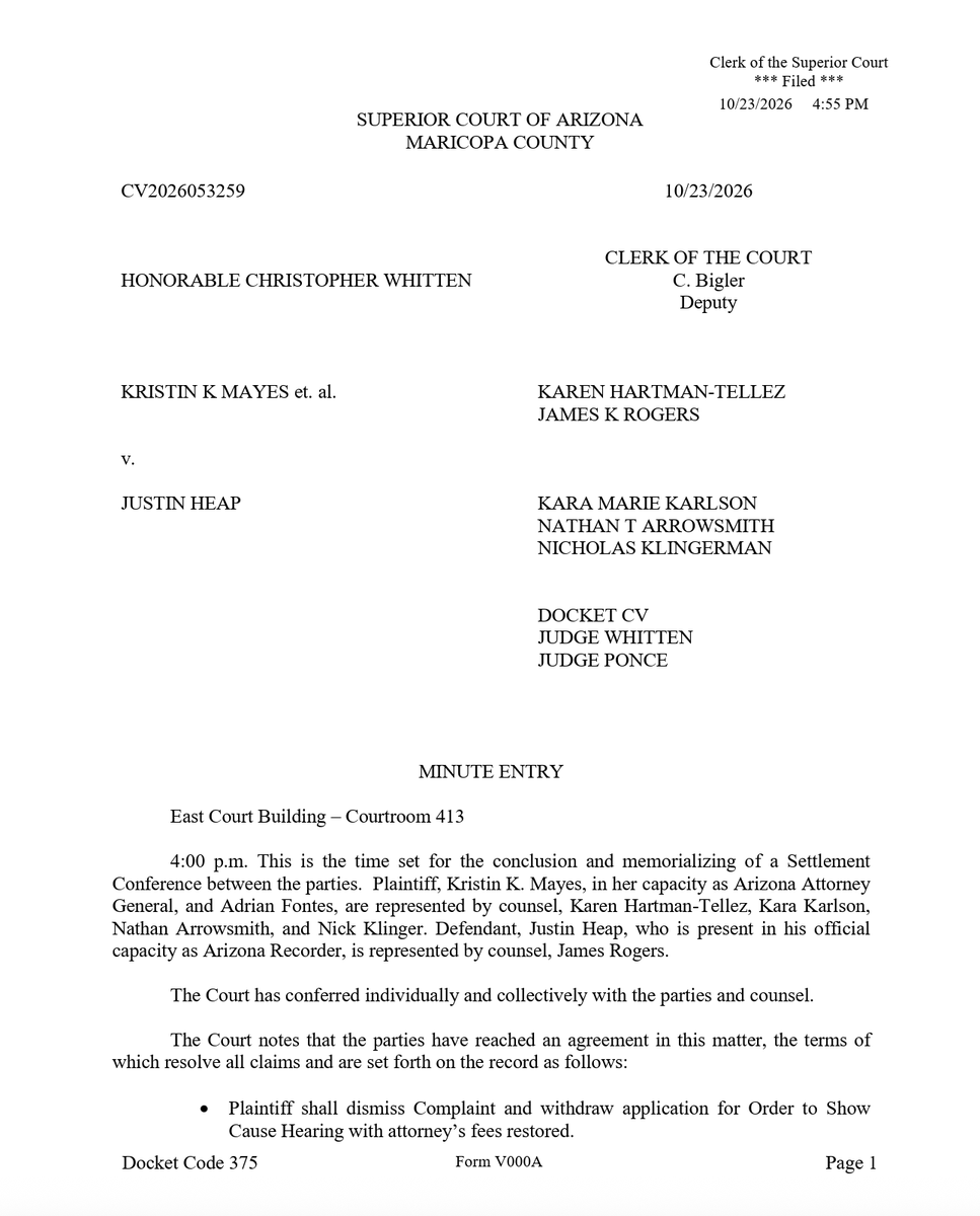 America1stLegal's tweet photo. ⚖️WINNING — AFL successfully defended Maricopa County Recorder Justin Heap after Arizona officials tried to force him to restore voter registrations WITHOUT verifying documentary proof of citizenship. 

AFL fought back and WON. https://t.co/Y762PNm0Cd