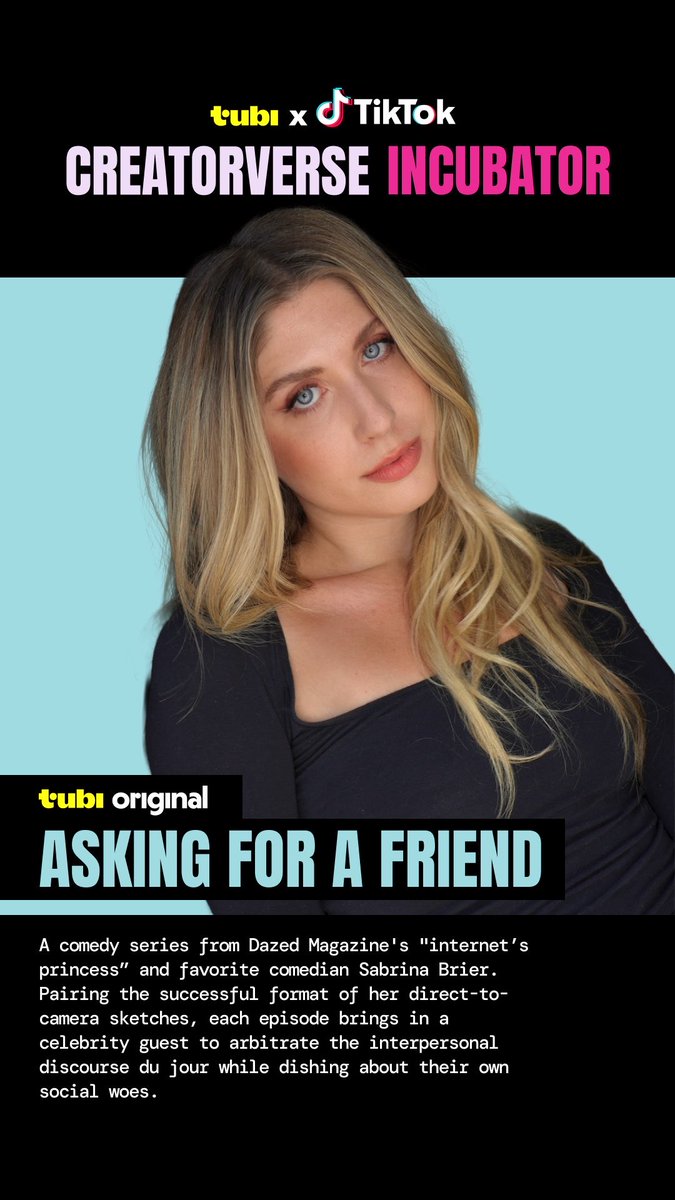 sabrinabrier's tweet photo. I’m so excited to announce my upcoming @Tubi series, ASKING FOR A FRIEND, directed by me! AFAF is a sketch &amp; interview comedy show that expands the fictional world I’ve been lucky to share with such a supportive audience over the past 5 years. I am so thankful ❤️ https://t.co/R4MzNph9Gw