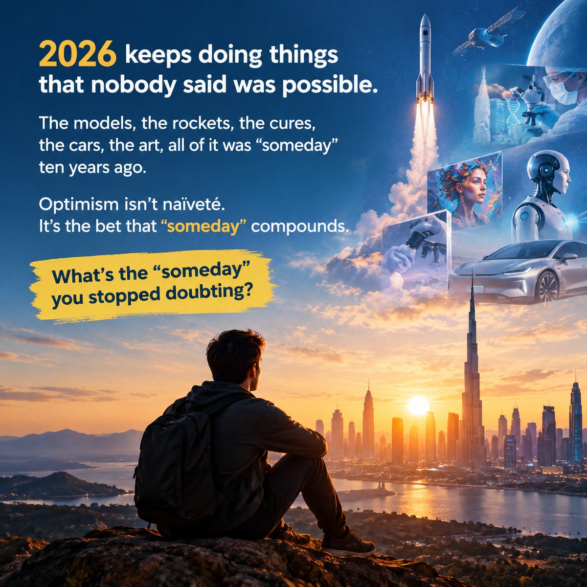 ShushantoK's tweet photo. 2026 keeps doing things that nobody said was possible.
The models, the rockets, the cures, the cars, the art, all of it was “someday” ten years ago.
Optimism isn’t naïveté. It’s the bet that “someday” compounds.

What’s the “someday” you stopped doubting? https://t.co/K9jBebPsgQ