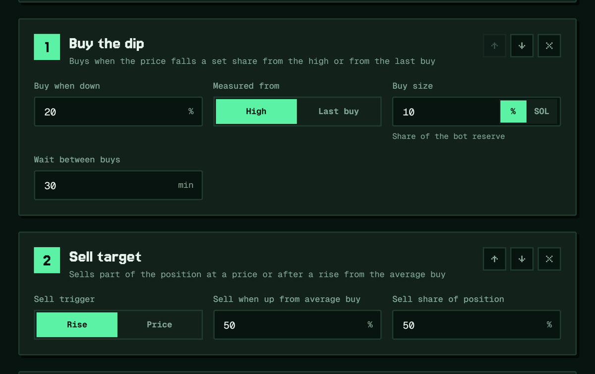 TryStonkMM's tweet photo. Four presets covered the common cases. This covers yours.

Five blocks, no code. Buy on drawdown, sell on a rise or a target price, scale your order size, pause on volatility, cap the budget. Stack them, sign once, and your bot runs it.

Build it, test it, or sell it. https://t.co/NDsFOMf9CC