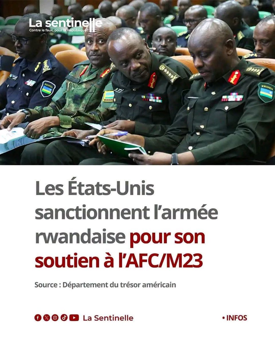 Adoniskabengel's tweet photo. Une sanction qui vise directement le régime de Kigali : les États-Unis sanctionnent le MINISTÈRE RWANDAIS DE LA DÉFENSE pour son soutien à l’armée rwandaise, engagée aux côtés du M23 dans l’est de la RDC.
Zigama, institution financière facilitant ce soutien, est également visée https://t.co/0xhPQTMTAt
