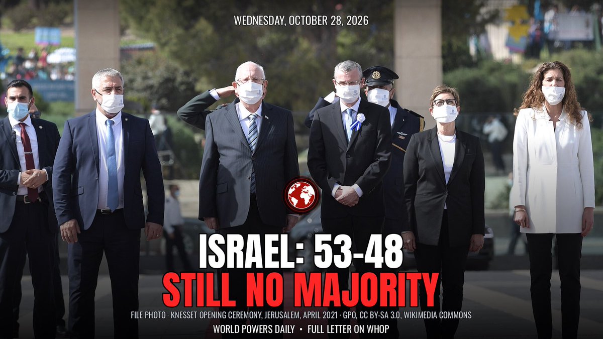 TradingOutpost's tweet photo. Israel: no majority 🇮🇱

85.6% counted: Netanyahu bloc 53, Eisenkot bloc 48 — both short of 61 to govern. Arab parties at a record 19 hold the balance.

Full letter 👇

https://t.co/671m1ZPt1E https://t.co/nIo3j9KkxZ