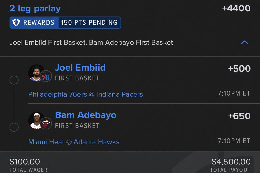 FcSlips's tweet photo. Embiid &amp; Bam first basket parlay. $100 to $4,500. Let’s run it.
@Playbook https://t.co/ONTKipZDRT