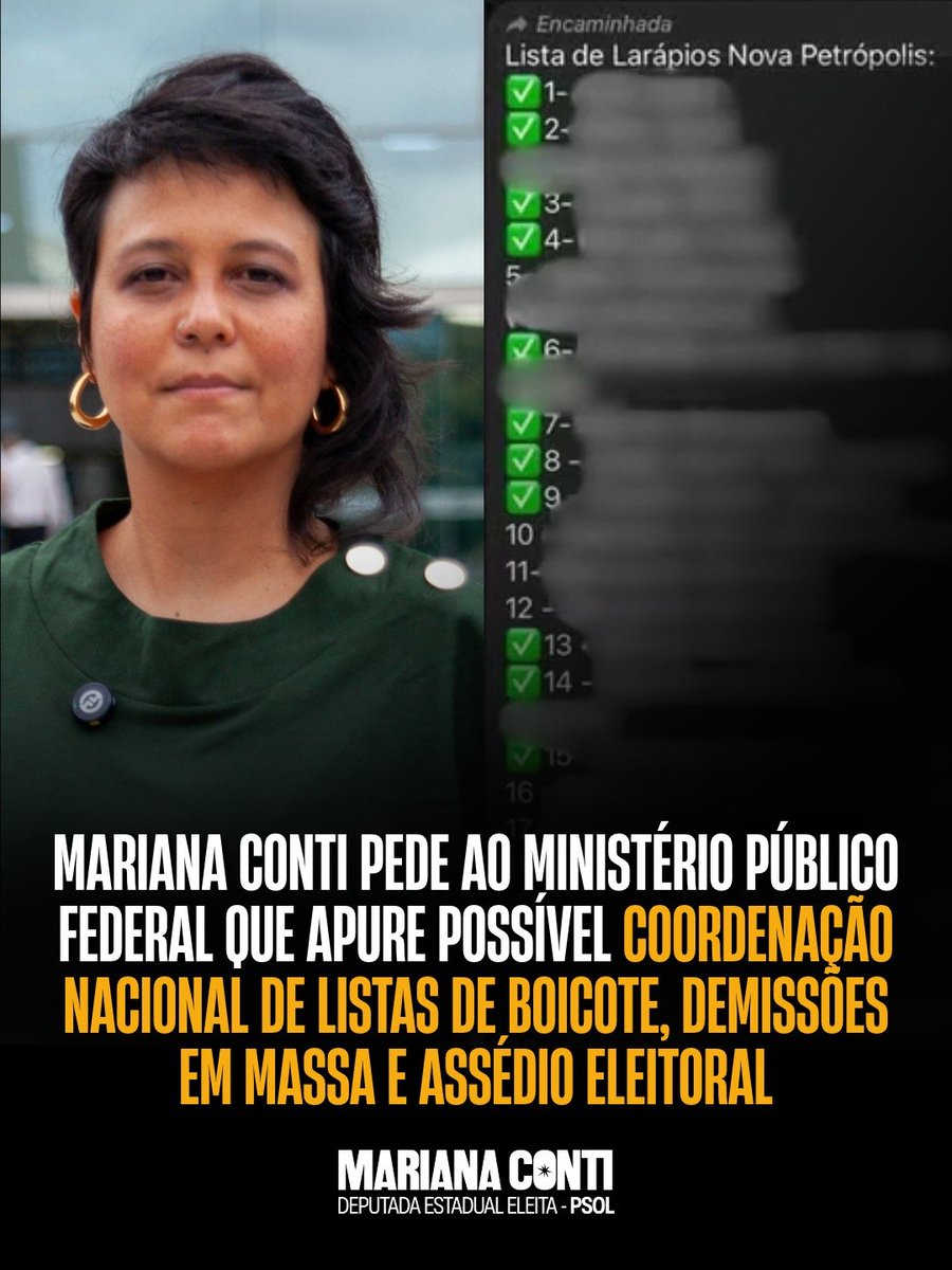 mariana_psol's tweet photo. Acionei o Ministério Público Federal para investigar os empresários bolsonaristas.

Em todo o país, patrões bolsonaristas estão perseguindo trabalhadores que votaram em Lula. Ao mesmo tempo, políticos de extrema direita estão fazendo listas de boicote para perseguir e intimidar comércios e pessoas que não apoiaram Flavio.

Tudo indica que há uma coordenação nacional para essas ações criminosas. O MPF precisa investigar e responsabilizar todos os envolvidos.