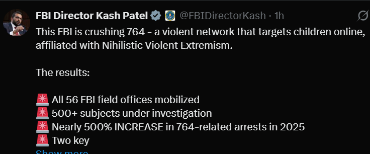 ProjPM's tweet photo. The FBI has demanded to speak to the manager of Nihilistic Violent Extremism. Probably want to complain  that bureau's own ties to it keep getting out lately. https://t.co/CUqZpHiHyh