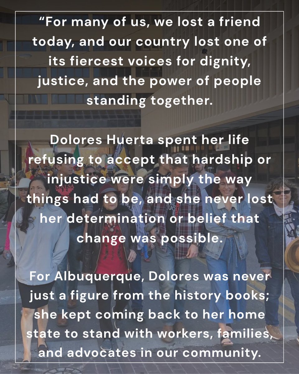 MayorKeller's tweet photo. For Albuquerque, Dolores was never just a figure from the history books; she kept coming back to her home state, to stand with workers, families, and advocates in our community.

Dolores will be deeply missed, but her spirit lives on in the words she gave us: ¡Sí, se puede!” https://t.co/AriHgwtvVA