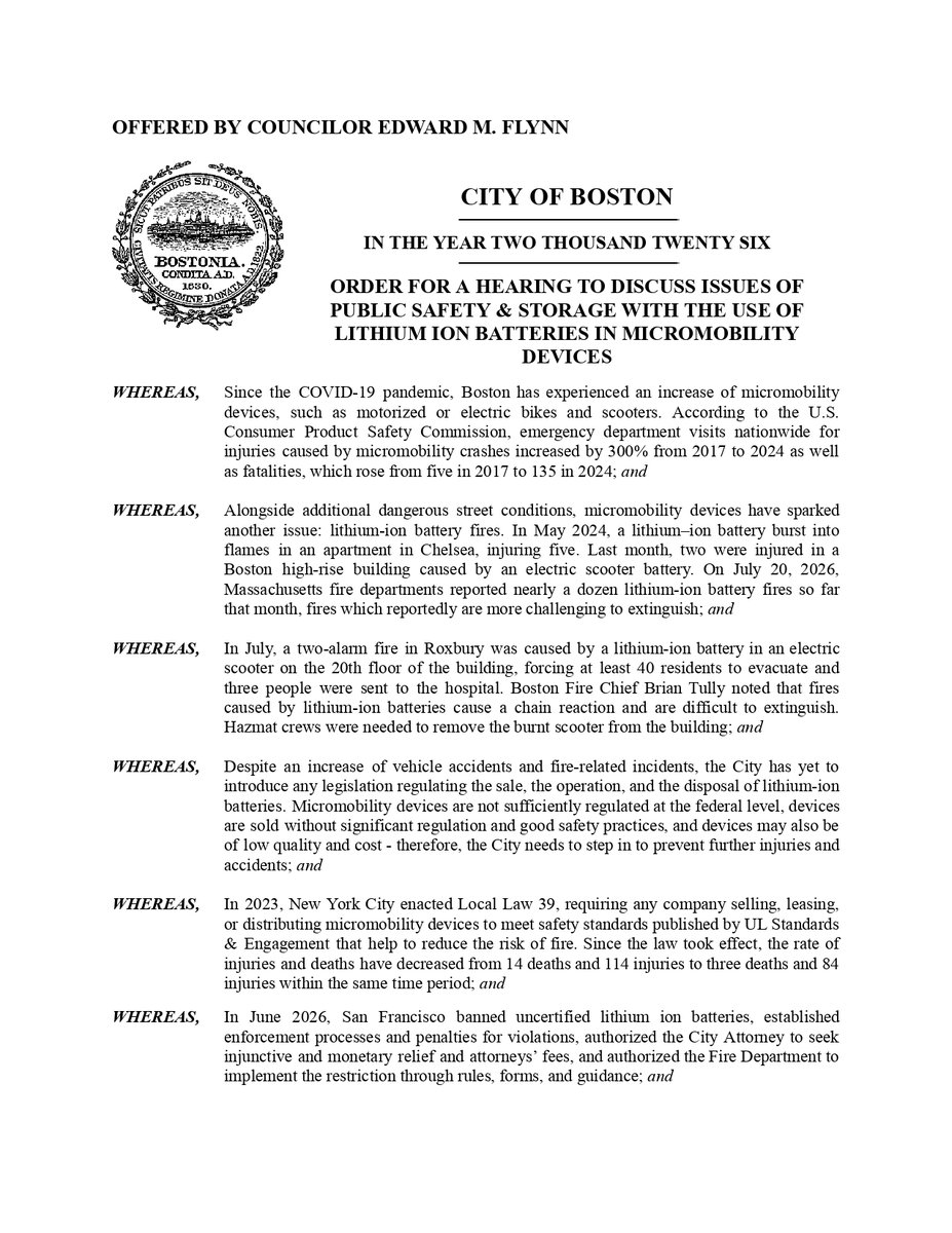 EdforBoston's tweet photo. Called for a hearing on storage of lithium-ion batteries in micro-mobility devices. In Roxbury, a battery in an electric scooter on the 20th floor caused a fire. 40 evacuated, 3 sent to hospital. NYC/San Fran have legislation. We need to take action for public safety. #bospoli https://t.co/ru5Ri4kazA