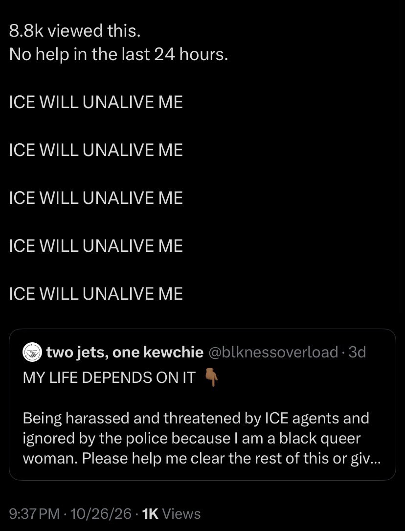blknessoverload's tweet photo. Please stop scrolling for a second. I’m a black queer woman being targeted, arrested and verbally abused by ICE and the police. 

My post keeps reaching but hardly anyone is sharing and it’s hurting my chances at finding support. I don’t need likes, I need help
•
• https://t.co/dL2VlNPQ8T