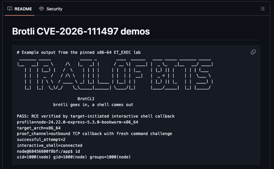 trailofbits's tweet photo. We achieved RCE via Brotli in Linux labs:

• Node.js 24.22.0 + Express 5.3.0 (x86-64/ARM64) through its standard JSON parser 
• Electron 41.10.7 (x86-64) using a custom-built decoding service

Getting it to work requires a carefully matched setup and can take repeated attempts. https://t.co/cQ8B7IG7lN