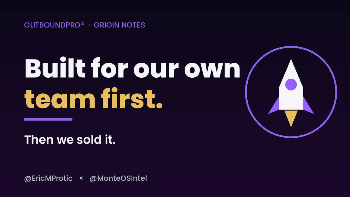 EricMProtic's tweet photo. OutboundPro® didn't start as a product. It started as a fix for our own sales team.

We built the simple version for ourselves first. Living the bottleneck beats guessing at it.

Selling it taught me the rest: nobody buys a feature list. They buy the hour back.

@MonteOSIntel https://t.co/x2nyBg47bw