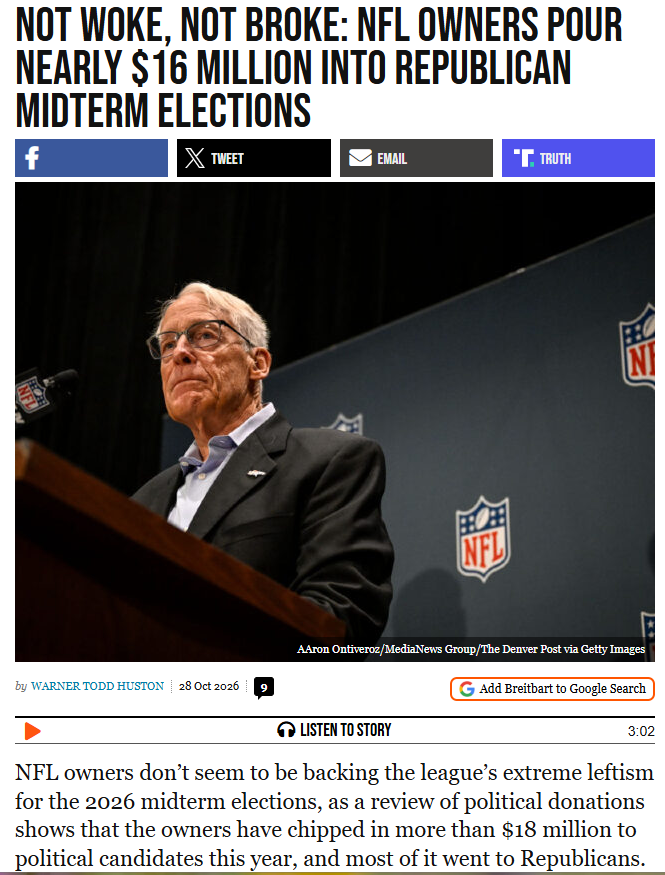 RYboating's tweet photo. Wow! This is refreshing to see! 
At least most of the NFL owners are on the right side!

Now if we could get an NFL commissioner that wasn't a far-left extremist. 😉

Unfortunately my Seahawks owner was one owner who donated to the left. 🙄

Link to article in comments