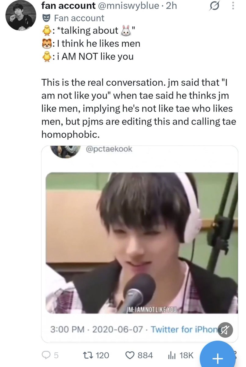 kookminlore's tweet photo. Not Taekookers suddenly rewriting a translation that’s been around for literal YEARS, all because they can’t handle the fact that Taehyung is homophobic and views men liking men as a mental illness https://t.co/iDmkuiavoh