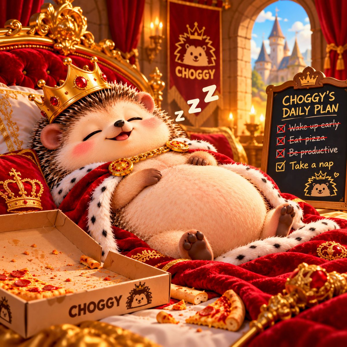 ChoggyHedgehog's tweet photo. 🚨👑 BREAKING NEWS FROM THE CHOGGY KINGDOM!

CHOGGY was supposed to wake up this morning…

It’s already afternoon and our king is STILL sleeping! 😭🦔💤

🍕 Too much pizza
😴 Too many naps
👑 Zero responsibilities

The crown can wait. Nap time comes first! 😂

#Solana #Memecoin https://t.co/CX5KG0bQrV