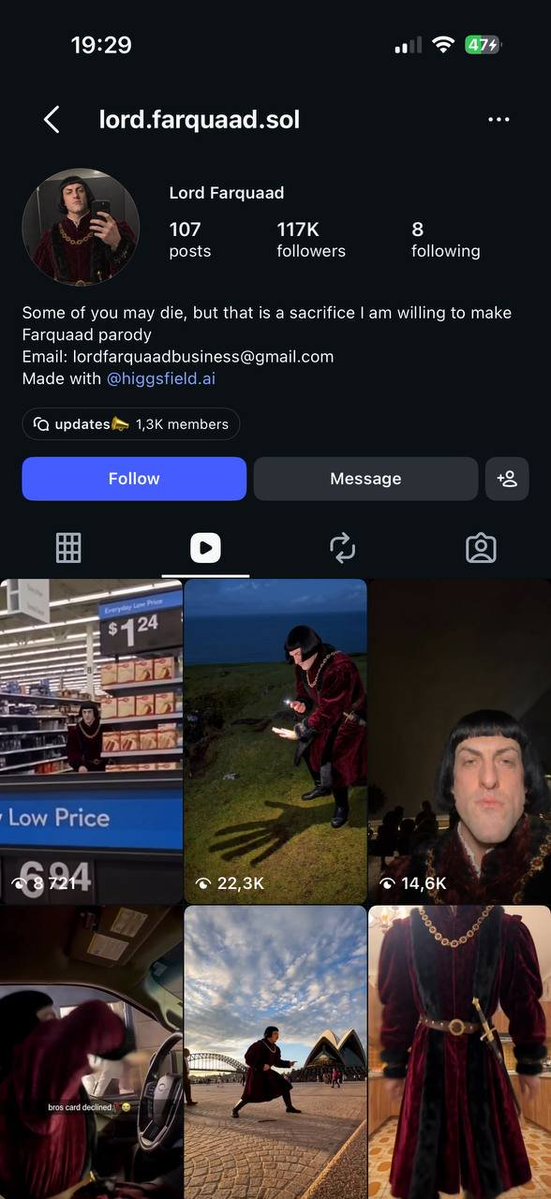 r1VeN2k's tweet photo. 9 DAYS AGO HE HAD 85 POSTS. NOW 107. HIS FOLLOWER COUNT BARELY MOVED. SO HE BROUGHT IN FIONA.

Lord Farquaad, the AI parody in the red velvet coat. This time a princess stands next to him, revealed from behind a hand over the camera. 11 seconds.

Instagram: 117K followers, up from 114K on Oct 19. 22 new posts in between.
His latest reels: 22.3K, 14.6K and 8.7K views.

The money line hasn't changed: a business email and "Made with Higgsfield" in the bio.

When one face stops growing, the creator adds a second. Both of them still belong to DreamWorks.

Would you follow the couple, or was Farquaad funnier alone?