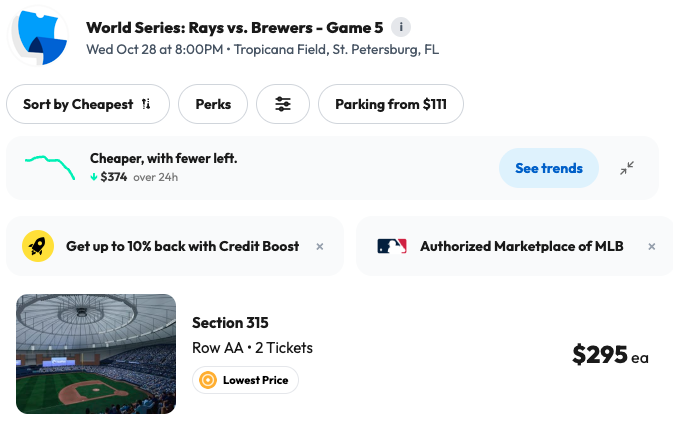 TickPick's tweet photo. Updated: Price Drop for Game 5 of the World Series

Get-in price is now below $300 - a 50% drop overnight https://t.co/rrycQm5Bim