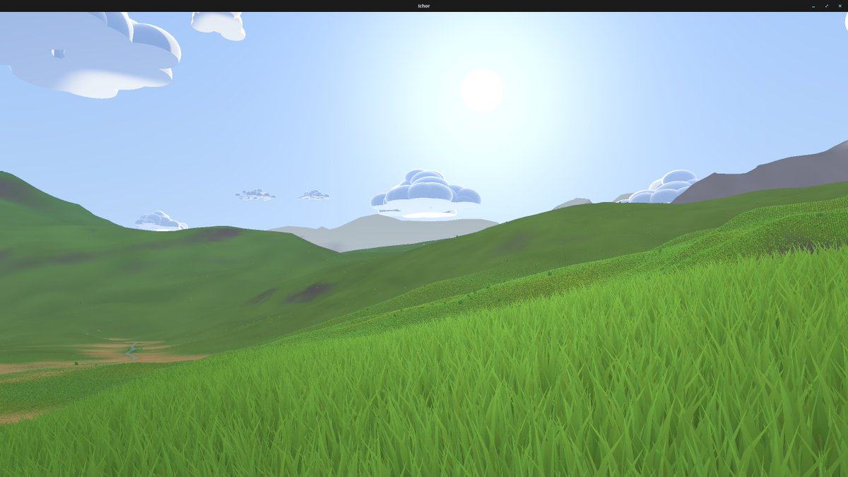 OuterFrameInter's tweet photo. Most of what I worked on doesn't show in this photo, but it's the reason I'm standing on the grass and not stuck under it.

This is a playable build of the game, made with the engine's own game builder. It packs up the game's files and encrypts them, so it's ready for basic distribution.

The game has a proper scene setup now. It opens on its own menu scene, and pressing play loads the world. The player isn't saved in the world any more either. The game makes the character when you load in, finds a spot near the middle of the map that's dry, flat enough to stand on and away from water, then drops you onto it from just above the ground. Anyone joining a server gets placed the same way, next to each other.

Found a fun bug along the way. I'd dug a hole right in the middle of the map ages ago, and the spawn worked out the ground height there wrong. So it put the player inside the hill and they just fell out the bottom of the world. It stays away from dug ground now.

The world is slowly starting to get more colour to it too. Later on I might make the grass its own thing per patch, so it grows over time and each section can be a different length. Grass is going to be one of the basic resources in the game, so it should feel like something you can use up and watch come back. Still loads more to do.

What's the first thing you'd want to see when you load into a survival world?

#FrameEngine #gamedev #indiedev #rustlang