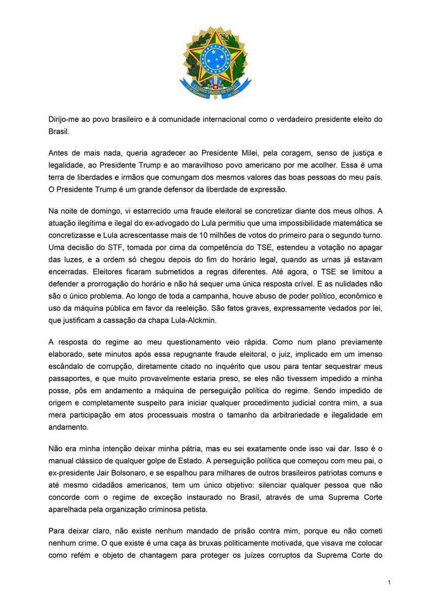 EleicaoBr2026's tweet photo. 🚨 FLÁVIO BOLSONARO SE DECLARA “VERDADEIRO PRESIDENTE ELEITO” DO BRASIL EM CARTA

A declaração de Flávio Bolsonaro coloca em questionamento o resultado eleitoral e amplia a disputa política após a votação. A afirmação foi divulgada pelo Metrópoles. https://t.co/w8tAR5Qrrw