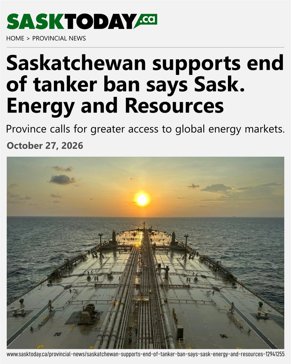 AndrewScheer's tweet photo. Saskatchewan is ready to supply clean, dictator-free Canadian energy to global markets.

But Mark Carney's shipping ban shuts the door on overseas buyers, forcing us to sell to the US at a massive DISCOUNT.

Only Conservatives will scrap the ban and get full value for our resources.