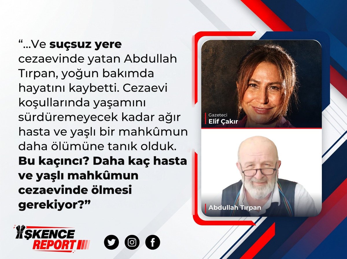 5519Neda79259's tweet photo. “Bu adam burada ölür” denmesine rağmen kulak tıkandı. 73 yaşında, masum ve ağır hasta bir insan cezaevi koşullarında hayattan koparıldı. Vicdanları sızlatan bu acı tablonun hesabı nasıl verilecek? 😔 Demokrasi ve insan hakları bunu kaldıramaz. 
🛑
AbdullahTırpan Öldürüldü https://t.co/8mrW2tTG6s