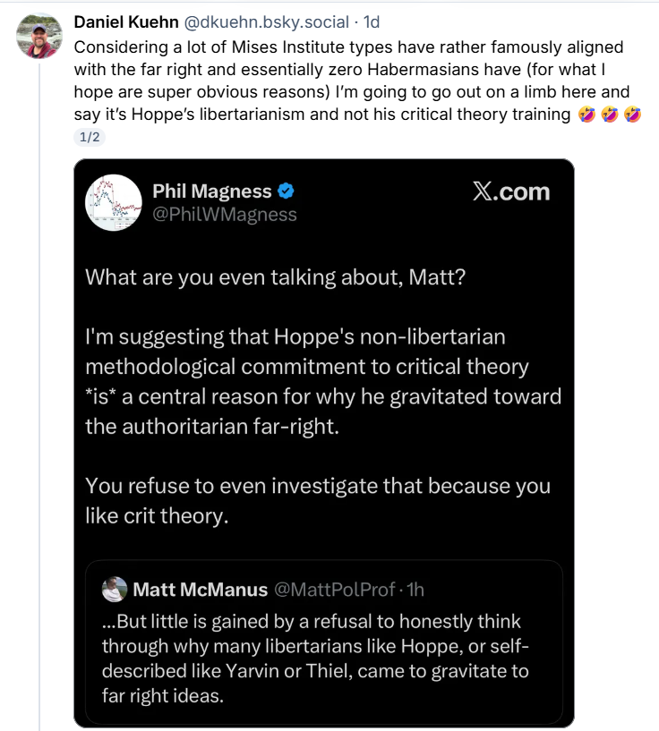 PhilWMagness's tweet photo. Except we know exactly where Hoppe picked up his authoritarianism. He subscribes to the Charakterwäsche thesis about Germany in World War 2 and believes himself to be a victim of it.

That thesis has nothing to do with libertarianism, but it maps as a foil onto crit theory. https://t.co/gs874wMUDj